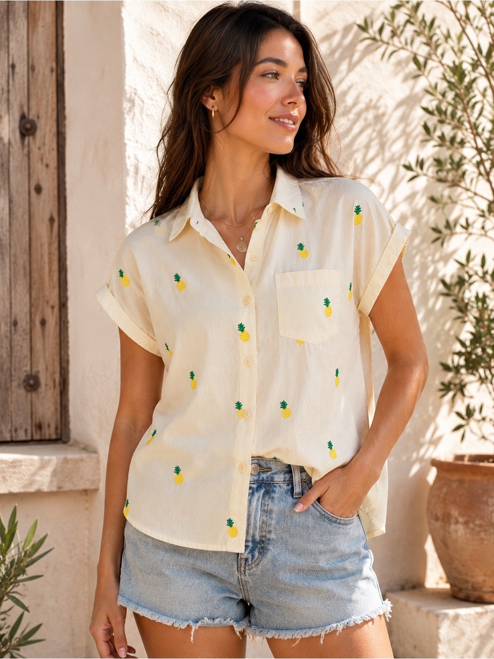NWT Lucky Brand Womens Cream Pineapple Embroidered Button Up Small